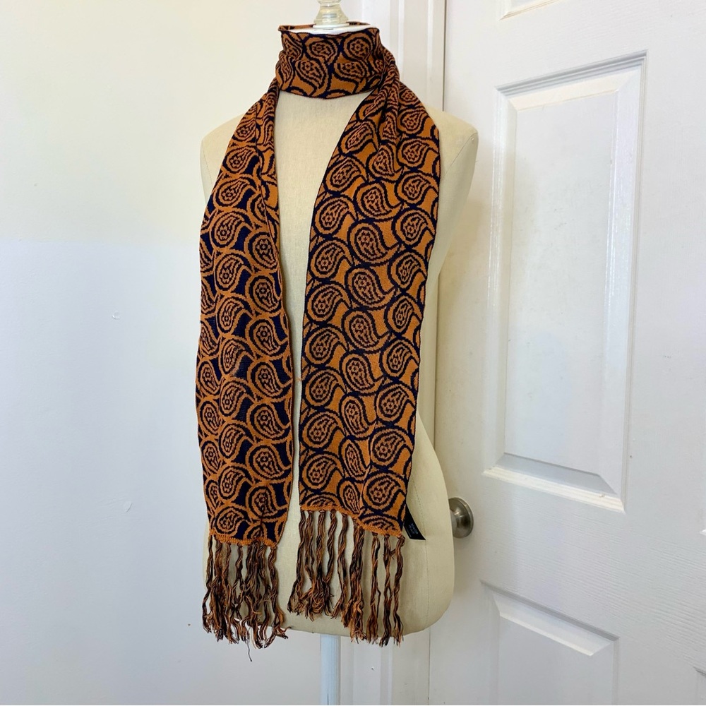 ECOTE Retro Copper & Navy Paisley Print Scarf Fringe Ends